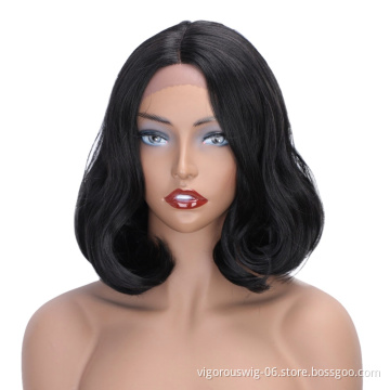 Body Wave Lace Front Black Short Bob Wig For Women Middle Part Synthetic Heat Resistant High Temperature Hair Wigs
